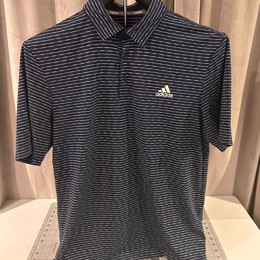 Adidas Men's Navy and White Striped Polo